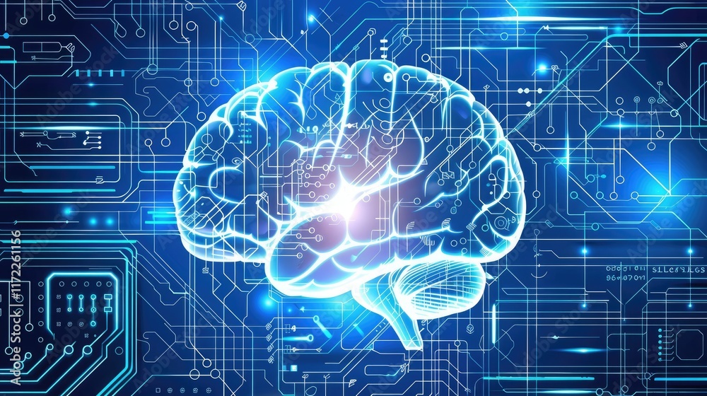 Poster a futuristic digital brain on a blue circuit board background with glowing elements, symbolizing art