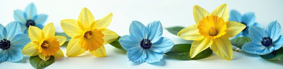 Fototapeta premium Yellow daffodils nestled among soft blue anemones with leaves on a delicate white surface, yellow daffodil, blue anemone