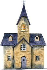 Hand drawn watercolor illustration of a gothic castle