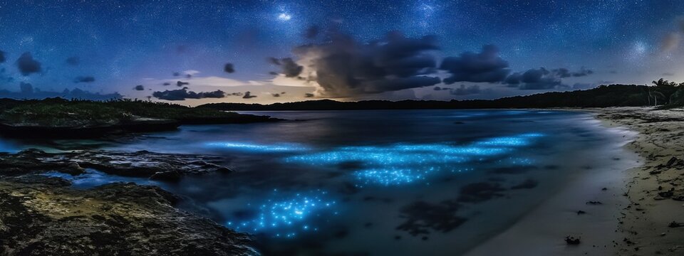 A surreal view of the bioluminescent bay in Vieques, Puerto Rico, Coastal scene
