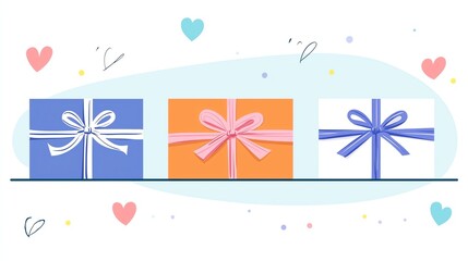 Three colorful gift boxes with ribbons on a light background, ideal for celebrations and special occasions.