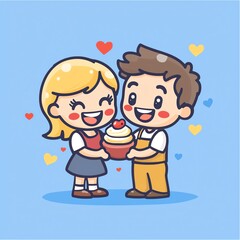 Cheerful couple sharing a cupcake, surrounded by hearts on a blue background.