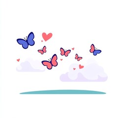 Colorful butterflies and hearts in a whimsical cloud scene, perfect for expressing love and joy.