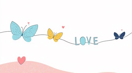 Colorful butterflies with the word 'LOVE', cheerful design on a white background.
