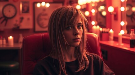 A surreal 1990s barbershop scene in warm candlelight and infrared tones. A young woman with dark ash blonde hair, partially shaved, sits in a red leather chair, looking bewildered. Flickering flames a