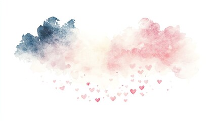 Obraz premium A beautiful watercolor illustration of soft clouds in shades of pink and blue with scattered hearts, on a white isolate background.