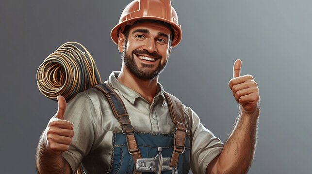 Happy electrician giving thumbs up, carrying wires.
