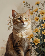 A cat is illustrated with yellow flowers in this artwork.
