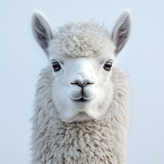 Obraz premium White alpaca portrait, serene, outdoors, soft background, farm animal image.