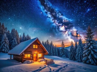 Fototapeta premium Winter's embrace: a wooden cabin bathed in starlight, a picturesque landscape.