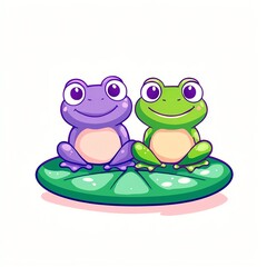 Obraz premium Two cartoon frogs, one purple and one green, sitting together on a lily pad, isolated on a white background.