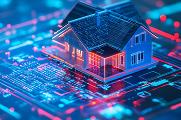 Obraz premium A digital house model sits on a circuit board background, symbolizing the intersection of technology and real estate.
