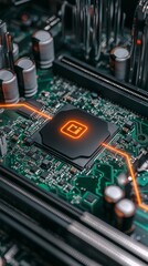 High Tech Circuit Board Close up Illuminated Microprocessor and Components