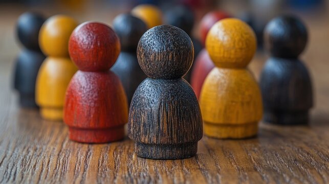 Colorful wooden figurines in a circle on a wooden surface.  Possible use for educational resources