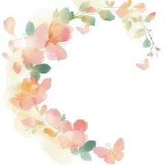 A delicate watercolor floral design featuring soft pink blossoms and green leaves on a white background.