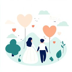 Fototapeta premium A joyful couple holding hands in a whimsical landscape with heart-shaped balloons and playful elements.