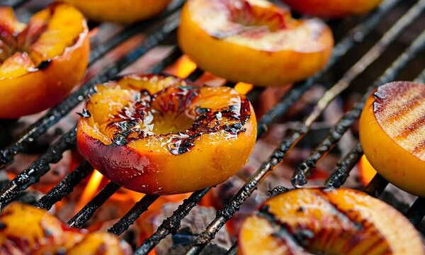 Grilled peaches on a barbecue, showcasing caramelization and grill marks, perfect for a summer dish or dessert.