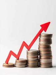 Stack of coins with a red downward arrow, illustrating the effect of falling interest rates on savings
