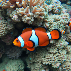 Vibrant Clown Fish in Coral Habitat Underwater Scene