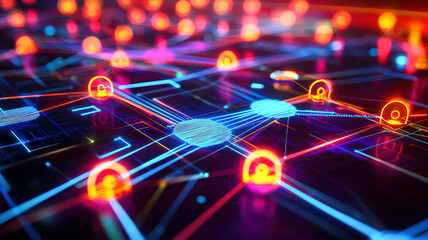 A hacking mini-game interface in a cyberpunk setting, featuring glowing nodes, rapidly changing data streams, and a futuristic aesthetic that immerses players in a high-tech environment.