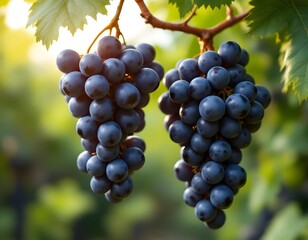 Fototapeta premium Sunlit Vineyard: Lush Bunches of Dark Grapes Hanging in Romantic Setting