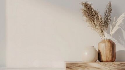 Minimalist Home Decor Featuring Wooden Vases and Pampas Grass