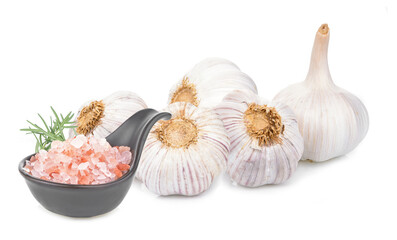 Garlic and Pink Himalayan salt  isolated on white background