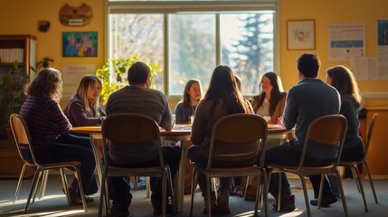 Group therapy session for seniors sitting at a round table with natural light coming in through a large window.