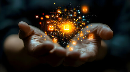 A pair of hands holds a glowing orb of digital icons, symbolizing technology and connectivity.