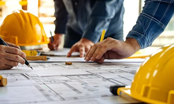 The image depicts hands working on architectural plans, with a focus on collaboration and design, alongside construction tools and a hard hat.
