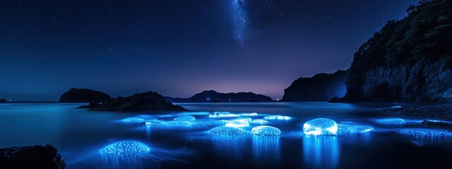 Naklejka premium A surreal view of the bioluminescent jellyfish illuminating the Sea of Japan's Toyama Bay, Coastal scene, Surreal style