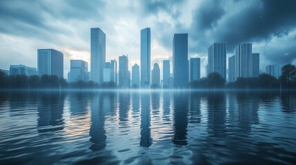 Fototapeta premium An editorial illustration depicting a city skyline partially submerged due to rising sea levels, highlighting the effects of climate change.