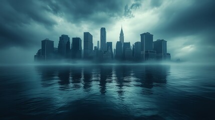 Fototapeta premium An editorial illustration depicting a city skyline partially submerged due to rising sea levels, highlighting the effects of climate change.