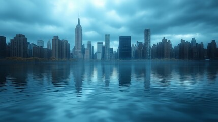 Obraz premium An editorial illustration depicting a city skyline partially submerged due to rising sea levels, highlighting the effects of climate change.