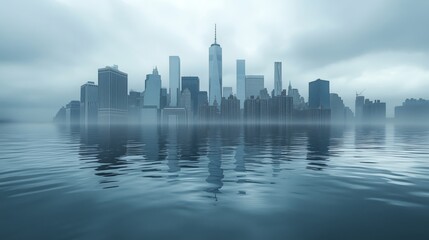 Obraz premium An editorial illustration depicting a city skyline partially submerged due to rising sea levels, highlighting the effects of climate change.