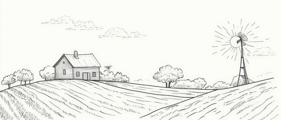 Peaceful Countryside Sketch: Farm House, Windmill, Rolling Hills