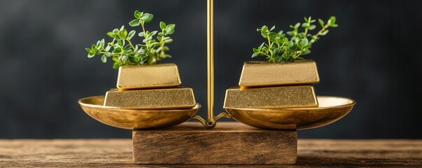 A scale balancing gold bars and green shoots, metaphor for hedge fund management and sustainable growth
