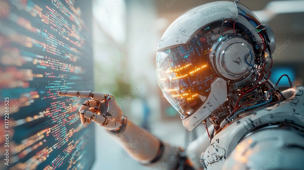 Poster a futuristic robot in an astronaut suit interacts with a digital display, showcasing intricate data 