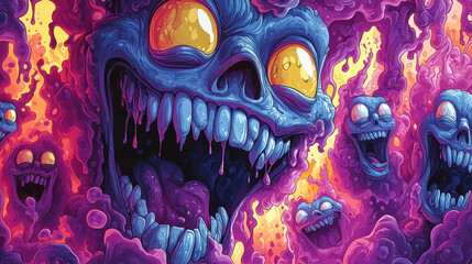 Glowing blue skull with flames, surrounded by smaller laughing skulls in a psychedelic purple and orange inferno