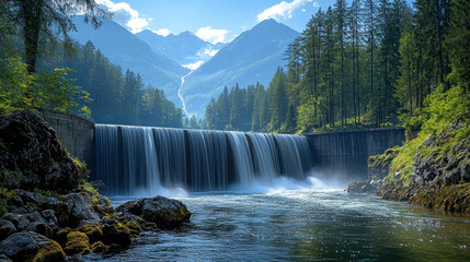 Fototapeta premium Waterfall cascading over dam in alpine valley with mountain backdrop