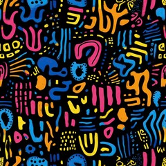 Colorful Wild Memphis Design Pattern Textile, Retro 90s 80s Abstract Black Background, Funky Fun Vintage Wallpaper, Squiggles Doodle Backdrop