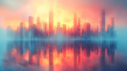 Surreal abstract cityscape reflected in a large mirror with distorted, stretched buildings under golden hour light, symbolizing the fleeting nature of time and urban life
