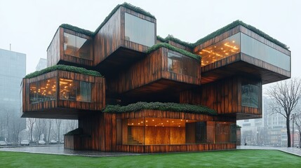 Fototapeta premium Modern wooden building with green roof, geometric design, city background.