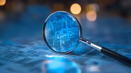 A magnifying glass focuses on a detailed map, highlighting the intricate patterns and structures within.