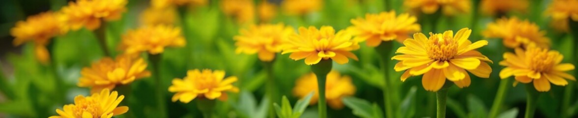 Fototapeta premium Bright yellow calendula flowers blooming in a garden bed, nature, garden, calendula