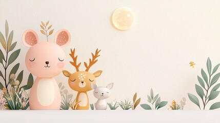 Obraz premium Cute cartoon animals in a whimsical forest setting with stylized plants and soft colors