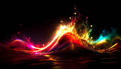 3D Abstract realistic illustration of neon light featuring gold and red soft rainbow color