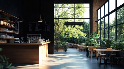 Fototapeta premium Sunlit modern cafe interior with wooden bar, large windows, and outdoor seating area.
