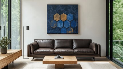 Fototapeta premium Generative AI, Minimalist living room with geometric artwork and leather furniture