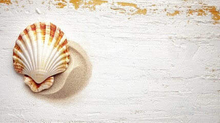 A colorful seashell resting on sandy texture against a white background.